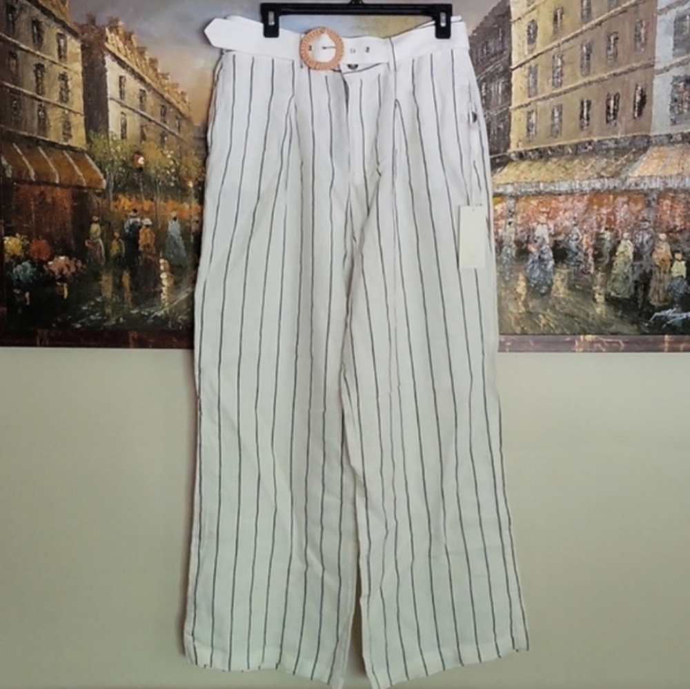 Joie 100% Linen Pleated Wide Leg Trousers in Striped Print